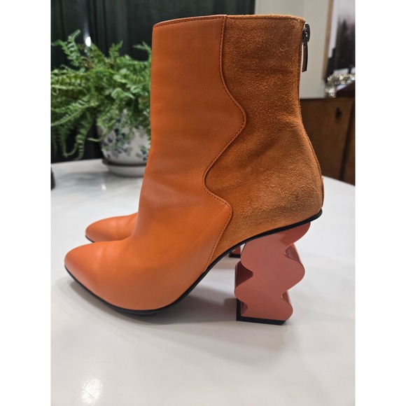Iri Shoes - iRi New York Orange Leather Suede Wavy Architectural Heel Ankle Boots 38/7.5